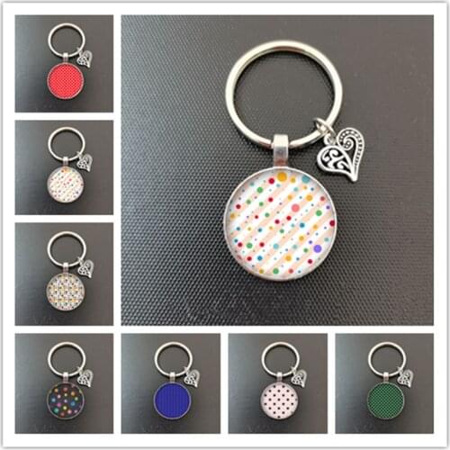 Round glass cabochon keychain with round dot pattern, hemispherical dome jewelry making keychain, used to decorate pendants