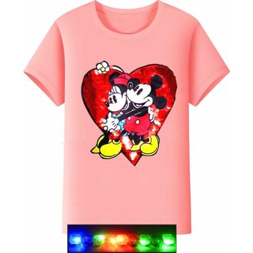 Disney summer cartoon printing color sequined light LED Mickey Mouse girl t-shirt cotton short-sleeved top fashion