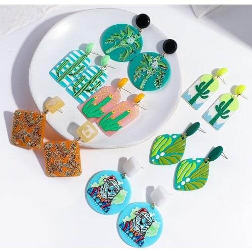 Lifefontier Korean Plant Cactus Pattern Acrylic Drop Earrings for Women Geometric Round Green Dangle Earrings Trendy Jewelry
