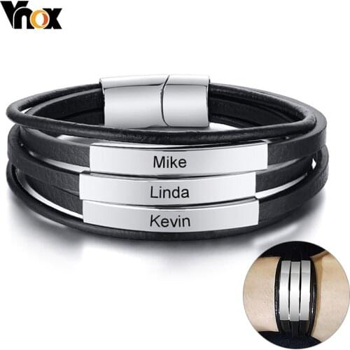 Vnox Personalize Family Names Bracelet for Men Multi Layered Leather Bangle with Glossy Stainless Steel Tag Wide Punk Wristband