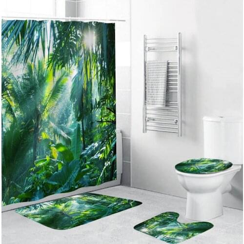 3d Rainforest Landscape Shower Curtain Set Bath Mats Rugs Woods Forest Bathroom Curtains Pedestal Rug Lid Toilet Cover Carpet