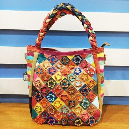 Newest Genuine Leather 3D Applique Flower Big Shoulder Bag Fashion Designer National Styles Messenger Bag Handbags Womens Bag