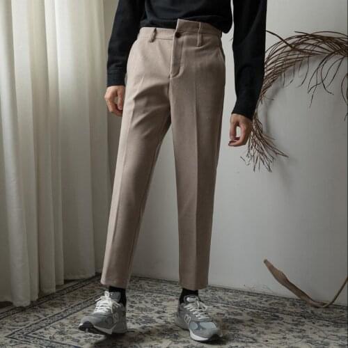 New High And Low Misplaced Suit Pants Mens Nine Points Pants Personality Trend Straight Casual Woolen Pants Singer Clothing