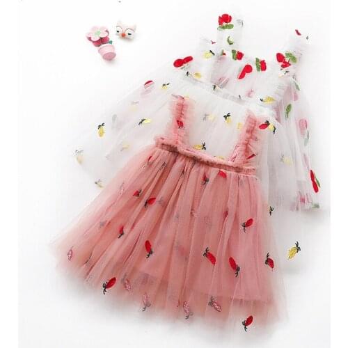 Lovely Baby Girls Princess Mesh Dress Fruit Embroidery Sleeveless Sundress for Summer Toddler Kids Outfits Infant Party Dress