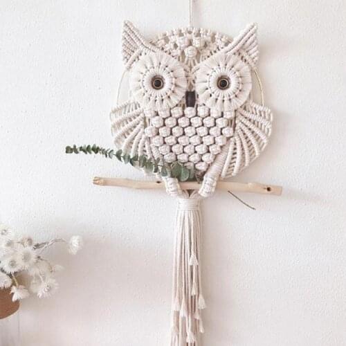 Hand-Woven Owls Dreamcatcher Ornament Cotton Macrame Wall Hanging Macrame Decor Primary Color DIY Owl Tapestry Home Decoration