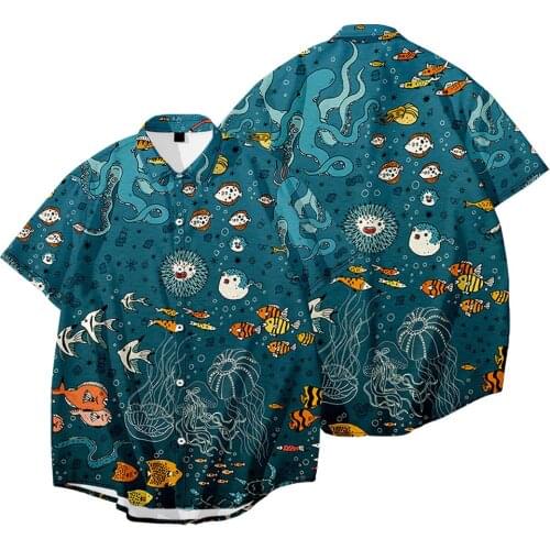 Summer Men Short Sleeve Cute Cartoon Printed Shirt Casual Blouse Hawaiian Shirt Male Tops Summer Turn-down-collar Shirts