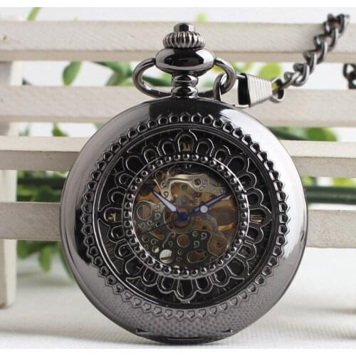 Steampunk Skeleton Male Clock Transparent Mechanical Open Face Retro Vintage Pendant Pocket Watch With Chain TJX101