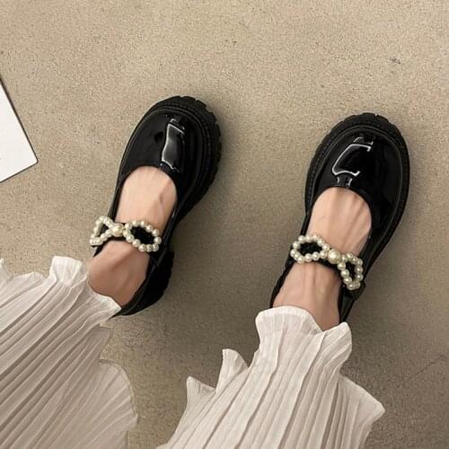 Women Oxford Shoes Bow Pearls Mary Janes Shoes Patent Leather Platform Shoes Square Heeled Thick Sole Lolita Shoes Black 9242C