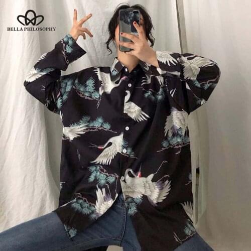 Korean ulzzang Women Crane print Blouses Harajuku bf style women tops oversize shirts spring autumn blusas mujer de moda shirts