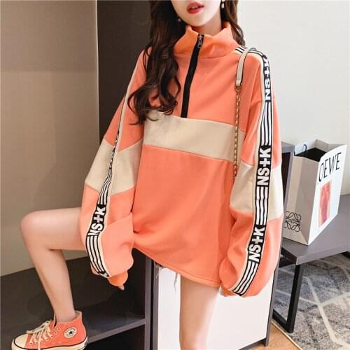 Spring Autumn 2020 New Streetwear Pink Sweatshirt Female Long Sleeve Korean Loose Harajuku Zipper Stand Collar Sweatshirt Women