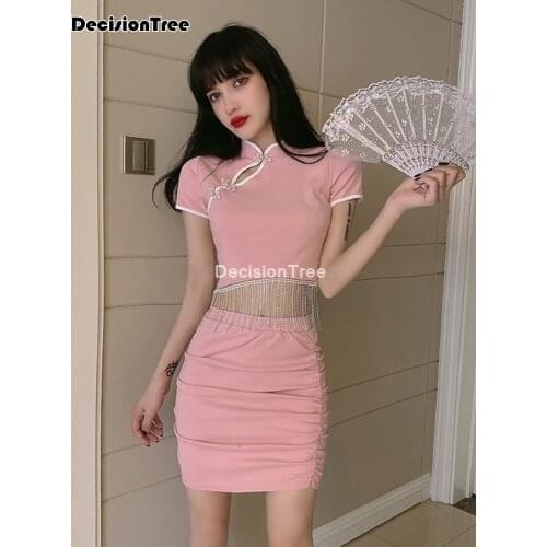 2021 cheongsam qipao womens silk cheongsam ladies sexy cheongsam top+skirt set chinese banquet dress elegant party dress
