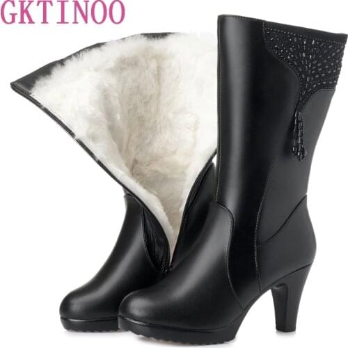 GKTINOO Winter Boots Wool Fur Inside Warm Shoes Women Genuine Leather Shoes High Heels Boots Footwear Botas Big Size 35-43