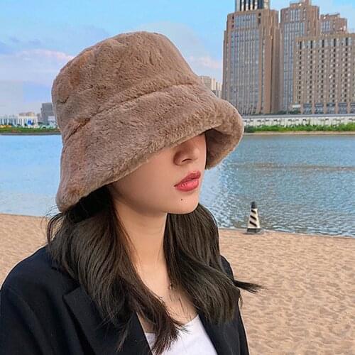 Winter Thicken Warm Women Bucket Hat Solid Color Faux Fur Female Lady Warm Panama Fisherman Cap