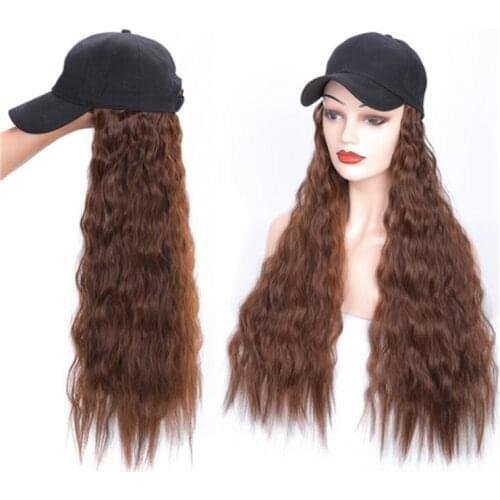 ZM Hair Long 24" Baseball Hat With Fluffy Hair Black Brown Synthetic Water Wave Hair Hat Wigs For Women High Temperature Fiber