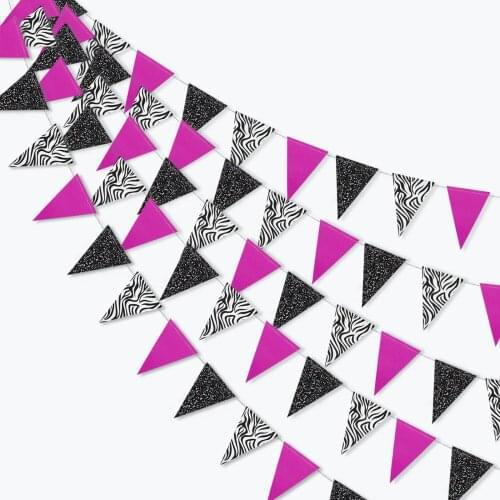 10Ft Hot Pink Glitter Black Zebra Print Paper Triangle Circle Garlands Banners Wall Decorations for Birthday Baby Shower Wedding