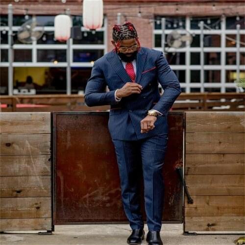 2 Piece Navy Blue Stripe Mens Blazer Double Breasted Slim Fit Pinstripe Formal Business Wedding Tuxedos
