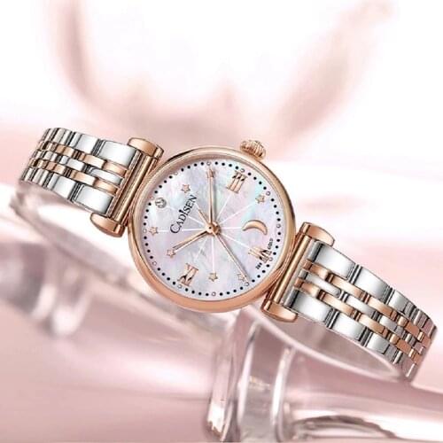2021 CADISEN 18K GOLD Women Watches Luxury Brand Fashion Roman Watch Fritillary Pearl Star Moon Ladies Watch Quartz Wristwatch
