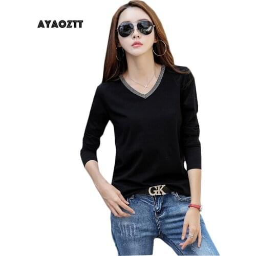 AYAOZTT Long Sleeve T Shirt Women Bead Print Tshirt Black White Lady Tops Women Clothing Cotton Tee Shirt Femme Poleras Mujer