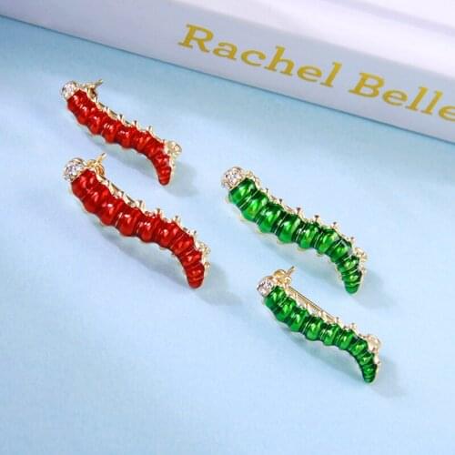 BALANBIU Two Pieces One Set Cute Insect Green Enamel Crystal Caterpillar Brooches For Women Gifts Gold Color Fashion Sweater Pin
