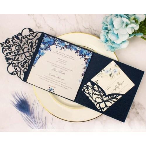 Free Shipping 50pcs Light Pink Navy blue Laser Cut tri-fold Wedding Invitation Cards Envelope Personalized Invite RSVP Greeting