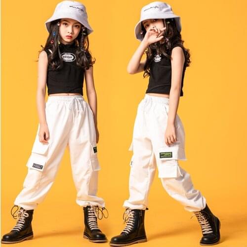 Children Cool Hip Hop Clothing Black Tank Crop Top T Shirt White Streetwear Tactical Cargo Pants for Girls Dance Costume Clothes