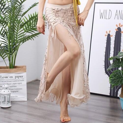 FEECOLOR New Elastic Waist Belly Dance Sequin Fringed Skirt Beginner Practice Clothes Sexy Performance Costume