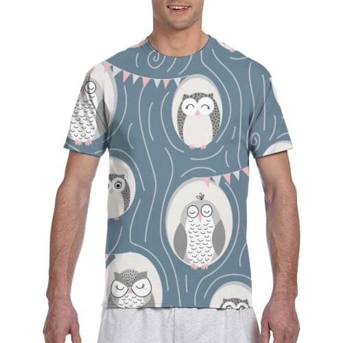 Cute Owls Sleeping In Tree Casual T Shirts Tee Tops Summer Men Short Sleeve Streetwear Fashion Male Tshirts
