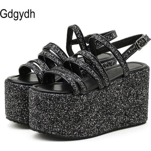 Gdgydh Trendy Sandals Women Wedges Heel Brand Deisgn Bling Sequines Back Strap Thick Sole Platform Shoes On Summer Club Party