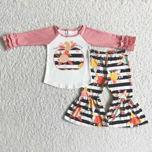 Pink Color Sleeve Top Match Stripes Beller Pants Set For Gilrs Spring Autumn Kids Pumpkin Printed Outfits With Flowers Pattern