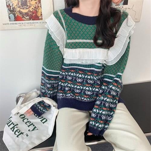 Korean Fashion Ruffle Vintage Sweater Women Autumn Winter Pullover Knitted Sweaters Tops Pull Femme Jumper Rope Mujer 2020