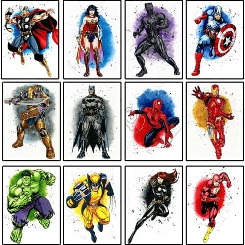 Marvel watercolor canvas painting superhero moving spiderman iron man poster and print wall art print canvas home decor boy gift