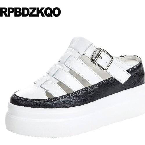 Slippers women strappy high quality wedge sandals heels platform genuine leather mules slides roman black shoes gladiator strap