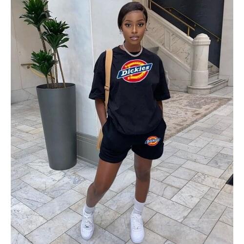 2021 New Summer Dresses Fashion Black Solid Color Sports Leisure Loose Round Collar Top + Short Pants 2 Piece Set