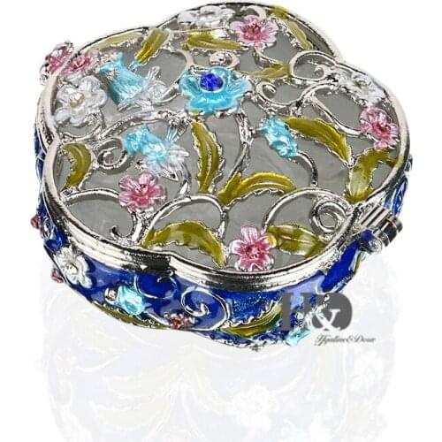 H&D Hinged Trinket Box Jeweled Hand-painted Patterns Jewelry Box Bejeweled Box Collectible for Women (flower)