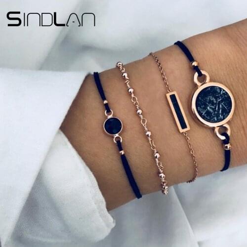 Sindlan 4PCs Cool Black Rectangle Charm Bracelet Sets Handmade Wrist Rope Chain Fashion Jewelry for Women Bangles Gift Pulsera