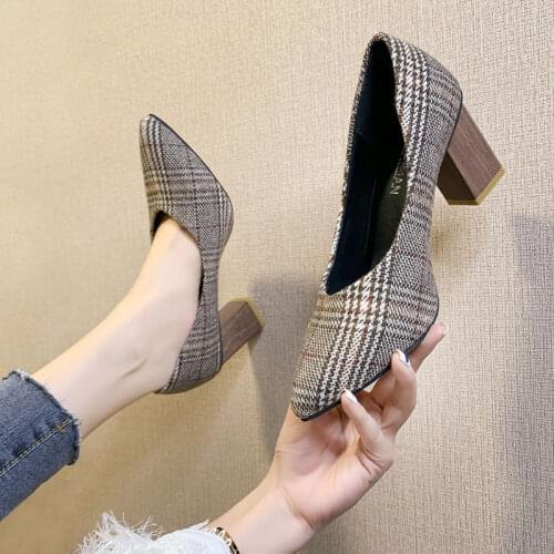LIHUAMAO British style plaid cloth high heel shoes for women pumps square heel pointed toe slip on ladies wedding shoes