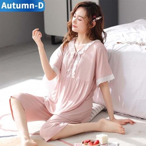 Woman Pajamas Suit Modal Loose Comfortable Bow V-Neck Half Sleeve Calf-Length Trousers Simple Home Clothes Solid Nightgown