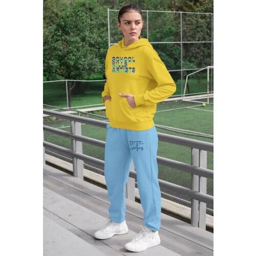 Angemiel Wear School Lion Women Tracksuit Set Yellow Hooded Sweatshirt Blue Sweatpants