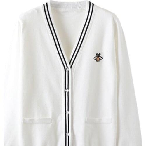 Womens Knitted Cardigan V-neck Bee Embroidered Long Sleeve Cute Vintage Sweater Wholesale 2021 New Fashion Female Clothing