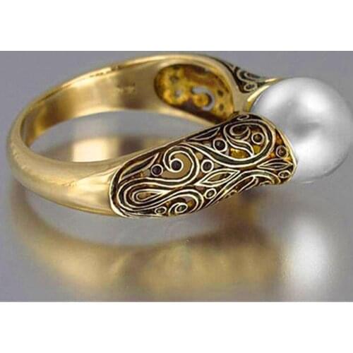 Buyee 925 Sterling Silver Pearl Ring Beautifully Carved Pattern Decorative Exquisite Golden Finger Ring Women Wedding Jewelry