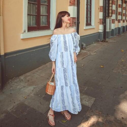 European And American Womens Fashion Retro Flower Embroidery Print Simple Elegant Dress Holiday Wind Flounces Elegant Long Skir