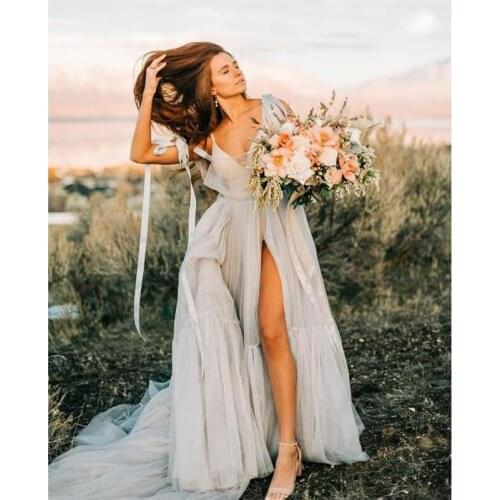 Romantic See Thru Tulle Women Dresses To Photo Shoot Sexy High Size Split A-line Bridal Dresses Summer With Long Train Gowns