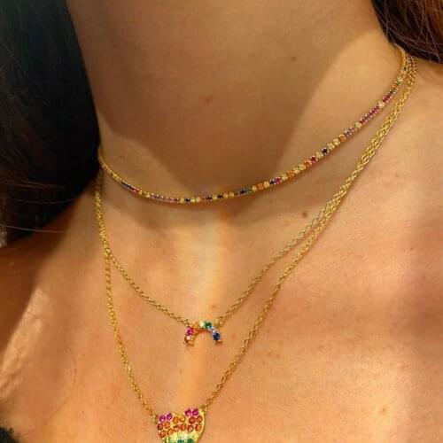 2mm cz 1 Row Shiny Tennis Chain Necklace HipHop Iced Out Bling Rainbow Cubic Zircon Choker Jewelry Gold Color Plated For Women