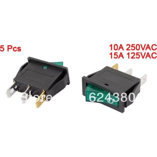 5 Pcs x Green Signal Indicator Light ON/OFF SPST 1P1T 2 Position Rocker Boat Switch Three Solder Pin