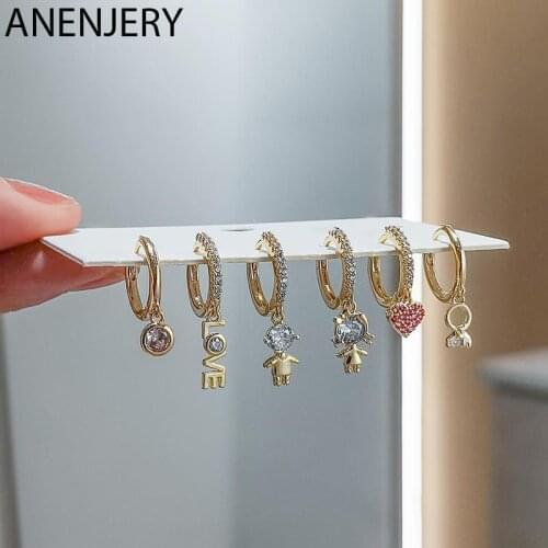 ANENJERY 6 pieces/set 925 Sterling Silver Letter Doll Heart Hoop Earrings Set Creative Micro Zircon Cartoon Earrings for Women