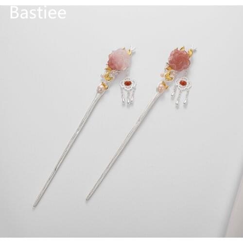 Bastiee 925 Sterling Silver Hair Sticks Women Pink Agate Peony Flower Pink Pearl Ethnic Hair Step Shake Hmong Luxury Hairpin
