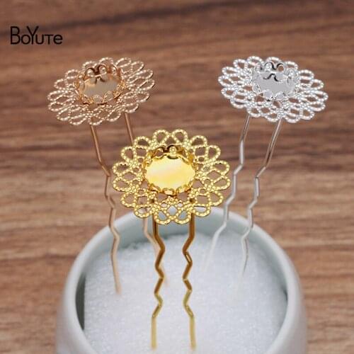 BoYuTe (10 Pieces/Lot) Fit 10MM Cabochon Stone Flower Hair Fork Blank Hairpins Base Diy Handmade Jewelry Materials Wholesale