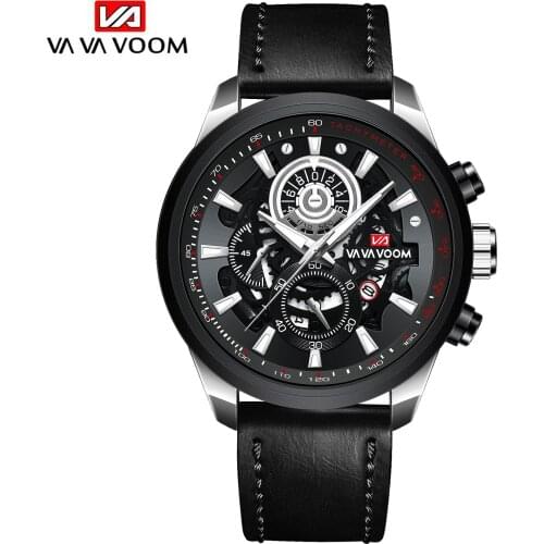 VAVA VOOM Men Watch Top Brand Mens Quartz Watch Water proof Sports Skeleton Watch Men Calendar Hollow Out Dial Leather Strap Hot