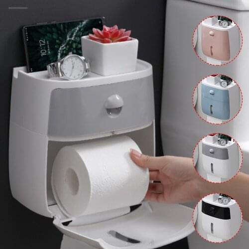 Toilet Paper Holder Wall Mount Nail Free Tissue Box Holder with Shelf Drawer Tissue Paper Roll Storage Organizer for Bathroom