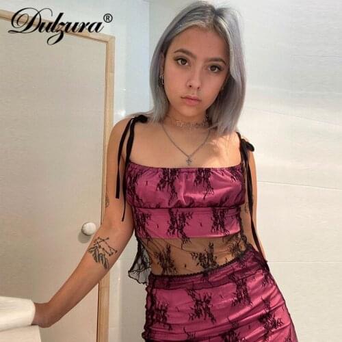 Dulzura lace patchwork mesh women crop top strap camis bandage bodycon sexy cute streetwear 2020 summer clothes party club